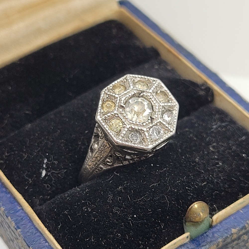 Vintage Art Deco Filigree Rhinestones Sterling Silver Ring